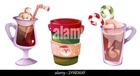Heißer Weihnachtsschokolade mit festlichen Getränken - mit Kakao gefüllte Glasbecher mit Schlagsahne, Zuckerstangen, Marshmallows und dekorativer Weihnachtsbecher zum Mitnehmen. Gemütliche Wintergetränke. Stock Vektor