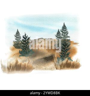 Die Landschaft im Herbst mit grünen Kiefern, braunem Gras und blauem Himmel. Handgezeichneter Hintergrund der Natur, Fallwald Landschaft für Reise p Stockfoto