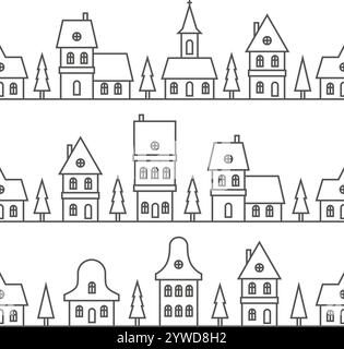 Weihnachts-Winterhäuser. Umrisse die Silhouette des Viertels. Nahtlose Grenze mit der Skyline von niedlichen Gebäuden Kirche und Pelzbäumen auf weißem Hintergrund Stock Vektor