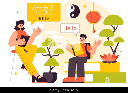 Vektor-Illustration In Chinesischer Sprache. NI hao Translation for Hello, mit einem Kurs zum Hören, Lesen und Sprechen in der Schule in einer Kommunikation Stock Vektor