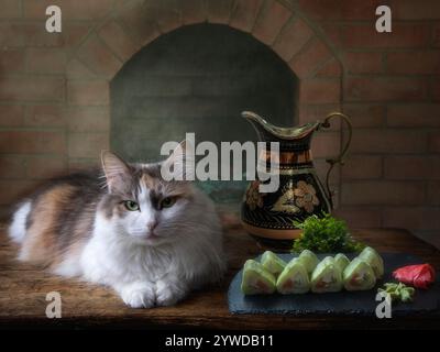 Sushi-Brötchen und eine faule Katze Stockfoto