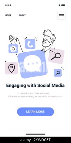 Interaktion mit Social-Media-Konzept mit Symbolen im Doodle-Stil und einer Figur, die mit verschiedenen App-Symbolen auf einem mobilen App-Bildschirm interagiert Stock Vektor