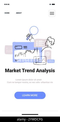 Markttrend-Analyse Konzept mit Diagrammen Lupe Person Analyse Daten Blau- und Grautöne Design der Landing-Page Design Skizzenstil Stock Vektor