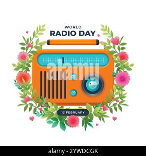 World Radio Day Vektor-Symbol, gelbe alte Radioillustration mit floralem Rahmen verziert Stock Vektor