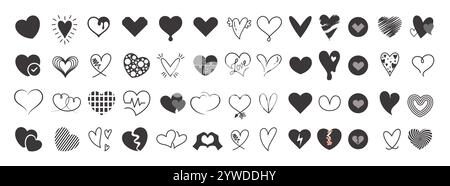 Heart Love Black Symbol Clipart valentine Set. Love Heart Icon in handgezeichneten, gekritzelten, Konturen und Zeichensymbolen für Dekorationslogos Stock Vektor