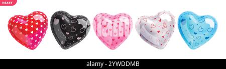 Herz aufblasbare Ballons Clipart Set. Love Heart Icon Clip Art farbenfroher Ballon in glänzendem, glänzendem und bedrucktem Muster für valentinstag und Mutter Stock Vektor