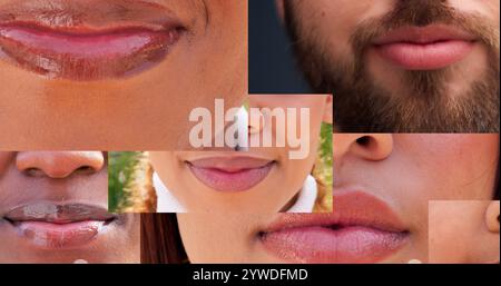 Collage, Lippen und Unterschiede mit Menschen in Vielfalt für Gemeinschaft, Inklusion oder globales Bewusstsein. Nahaufnahme, Mosaik oder Mundmontage der Gruppe mit Stockfoto