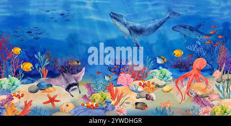 Unterwasserlandschaft mit Korallenriff, Mana-Rochen, Tintenfischen, Fischen und Muscheln. Meereslandschaft, Illustration. Meerwasserszene mit zwei Buckelwalen. Der Meeresboden in den Tropen. Stockfoto