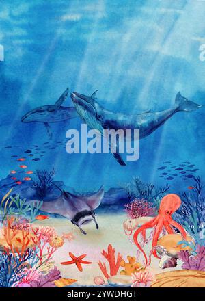 Unterwasserlandschaft mit Korallenriff, Mana-Rochen, Tintenfischen, Fischen und Muscheln. Meereslandschaft, Illustration. Meerwasserszene mit zwei Buckelwalen. Der Meeresboden in den Tropen. Stockfoto
