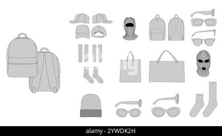 Mode Accessoires Technische Illustration - Rucksäcke Socken Mützen Vorder- und Rückansicht, Männer Frauen Unisex Cap CAD Mockups - Set von Brillen, Socken, Ba Stock Vektor