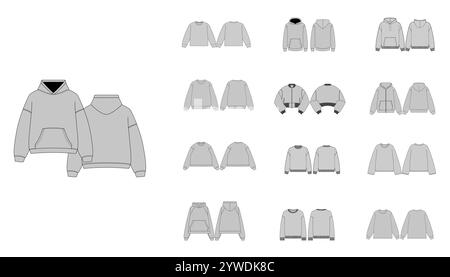 Technisches Zeichensatz von Sweatshirts mit Vorder- und Rückansicht – Herren, Frau, Unisex Hoody CAD Mockups, Streetwear Sweatshirt Kollektionen Technical FAS Stock Vektor