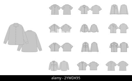 Set von verschiedenen Hemden Vorlage - Technische flache Zeichnung von Basic Hemden Kleid Hemd Kariertes Hemd Design - Button-Down Hemd Technische Illustration - Stock Vektor