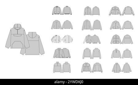 Set von Varsity Jacke - Activewear Jacke Design mit Tasche - Jacken Mode Technische Illustration - Ansicht vorne und hinten Biker Jacke, Männer Frauen U Stock Vektor