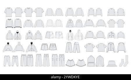 Set von Kleidung Mockup Vorlage - Kleidung Vektor Mockups Bundle Streetwear Tech Pack Vorlage Streetwear Mockups Kleidung Marke Mode TechPack Stock Vektor