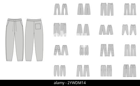 Activewear Fashion Technical Illustration - Hose Jogginghose vorne und hinten, Männer Frauen Unisex Hose CAD Mockups - Set von Hosen Jogginghose Stock Vektor