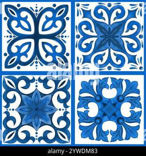 Die Abbildung ist ein dekoratives Azulejo-Muster. Das Muster ist in weiß und Blau gestaltet und enthält einzigartige geometrische oder florale Designs, die oft in traditionellen Keramikdesigns vorkommen Stockfoto