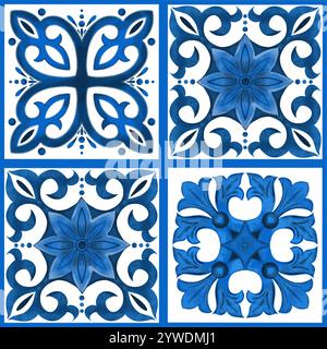 Die Abbildung ist ein dekoratives Azulejo-Muster. Das Muster ist in weiß und Blau gestaltet und enthält einzigartige geometrische oder florale Designs, die oft in traditionellen Keramikdesigns vorkommen Stockfoto