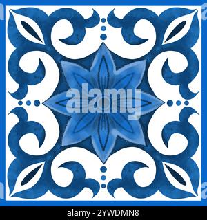 Die Abbildung ist ein dekoratives Azulejo-Muster. Das Muster ist in weiß und Blau gestaltet und enthält einzigartige geometrische oder florale Designs, die oft in traditionellen Keramikdesigns vorkommen Stockfoto