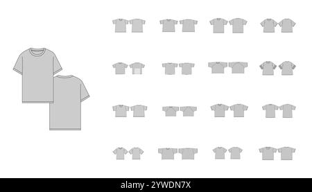 Set mit verschiedenen T-Shirts Vorlage - Technische flache Zeichnung von Basic T-Shirts T-Shirt Design mit V-Ausschnitt T-Shirt Design - Boxy T-Shirt Technische Illustration - taillierte T-Shirt Stock Vektor