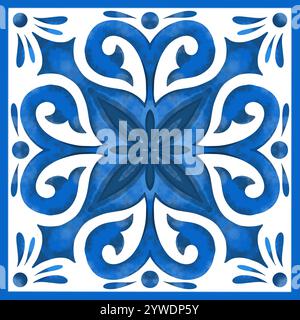 Die Abbildung ist ein dekoratives Azulejo-Muster. Das Muster ist in weiß und Blau gestaltet und enthält einzigartige geometrische oder florale Designs, die oft in traditionellen Keramikdesigns vorkommen Stockfoto