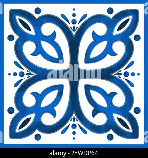 Die Abbildung ist ein dekoratives Azulejo-Muster. Das Muster ist in weiß und Blau gestaltet und enthält einzigartige geometrische oder florale Designs, die oft in traditionellen Keramikdesigns vorkommen Stockfoto