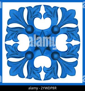 Die Abbildung ist ein dekoratives Azulejo-Muster. Das Muster ist in weiß und Blau gestaltet und enthält einzigartige geometrische oder florale Designs, die oft in traditionellen Keramikdesigns vorkommen Stockfoto