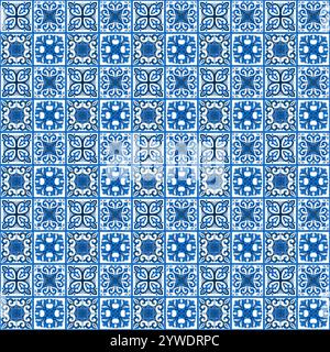 Die Abbildung ist ein dekoratives Azulejo-Muster. Das Muster ist in weiß und Blau gestaltet und enthält einzigartige geometrische oder florale Designs, die oft in traditionellen Keramikdesigns vorkommen Stockfoto