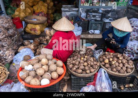 Vietnam, Hue, 15.02.2024, Hue, Dong Ba Markt, Essen, Kokos, vietnamesische Frauen mit Strohhut, Foto von Jean-Yves Bardin Stockfoto