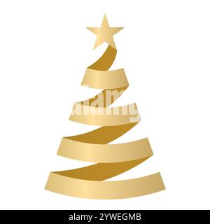 Weihnachtsbaum Spiralband Dekoration, Farbvektor stilisierte Illustration eines verzierten Weihnachtsbaums in Form eines goldenen Bandes und Sterns Stock Vektor