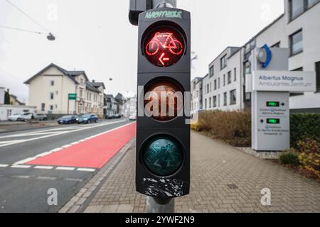 Radfahren, Fahrradfahren in der Siegener Innenstadt. Eine Ampel, Fahrradampel an der Sandstraße Sandstraße zeigt ein rotes Fahrrad. Die Rote Spur ist eine Umweltspur Busspur, Fahrradspur. Verkehrswesen, Radfahren in der Innenstadt am 11.12.2024 in Siegen/Deutschland. *** Radfahren, Radfahren im Stadtzentrum Siegen Eine Ampel, Fahrradampel an der Sandstraße zeigt ein rotes Fahrrad die rote Spur ist eine Umweltspur Busspur, Fahrradspur Verkehr, Radfahren in der Innenstadt am 11 12 2024 in Siegen Deutschland Stockfoto