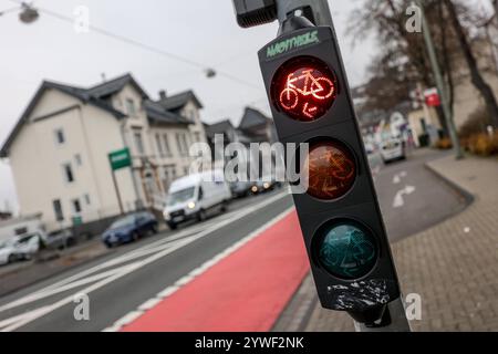 Radfahren, Fahrradfahren in der Siegener Innenstadt. Eine Ampel, Fahrradampel an der Sandstraße Sandstraße zeigt ein rotes Fahrrad. Die Rote Spur ist eine Umweltspur Busspur, Fahrradspur. Verkehrswesen, Radfahren in der Innenstadt am 11.12.2024 in Siegen/Deutschland. *** Radfahren, Radfahren im Stadtzentrum Siegen Eine Ampel, Fahrradampel an der Sandstraße zeigt ein rotes Fahrrad die rote Spur ist eine Umweltspur Busspur, Fahrradspur Verkehr, Radfahren in der Innenstadt am 11 12 2024 in Siegen Deutschland Stockfoto