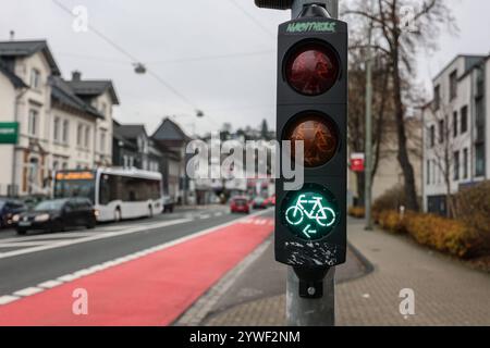 Radfahren, Fahrradfahren in der Siegener Innenstadt. Eine Ampel, Fahrradampel an der Sandstraße Sandstraße zeigt ein gruenes grünes Fahrrad. Die Rote Spur ist eine Umweltspur Busspur, Fahrradspur. Verkehrswesen, Radfahren in der Innenstadt am 11.12.2024 in Siegen/Deutschland. *** Radfahren, Radfahren im Stadtzentrum Siegen Eine Ampel, Fahrradampel an der Sandstraße zeigt ein grünes Fahrrad die rote Spur ist eine Umweltspur Busspur, Fahrradspur Verkehr, Radfahren in der Innenstadt am 11 12 2024 in Siegen Deutschland Stockfoto