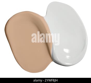 Zwei Striche weiße Creme und beige Grundierung auf isoliertem weißen Hintergrund. Stockfoto