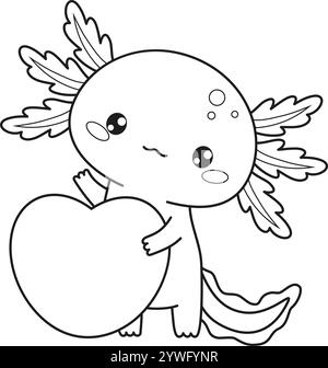 Umriss romantisches Axolotl mit Herz. Kleine festliche Karikatur-Kawaii-Figur. Linienzeichnung, Malbuch. Vektorabbildung. Kinderkollektion. Feiertag Stock Vektor