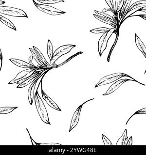 Nahtloses Vektor-Muster des Olivenbaums. Keine Früchte mit Blättern. Lineare Zeichnung mit schwarzer Tinte. Handgezeichnete Abbildung. Fruchtloser Rosmarin, Lorbeerblatt Stock Vektor
