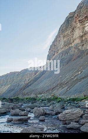 Felsen und Felsbrocken auf der Wellenplattform am Fuße der Hunt Cliff, saltburn, North yorkshire, england, großbritannien Stockfoto