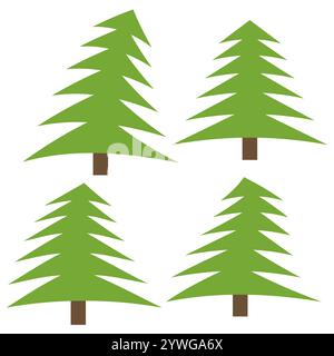 Set aus vier grünen Kiefern auf weißem Hintergrund. Vektorabbildung Stock Vektor