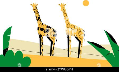 Zwei Giraffen Gehen In Flachen Vektor-Illustration, Die Wildtiere, Afrikanische Savanna Und Naturforschung Symbolisiert, Isoliert Auf Weißem Hintergrund Stock Vektor