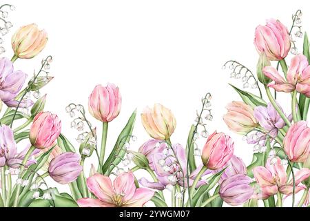 Rechteckiger Rahmen mit hellen, pastellrosa Tulpen, Knospen und weißer Maiglöckchen für die Grußkarte „Hello Spring“. Handgezeichnetes Aquarell Stockfoto
