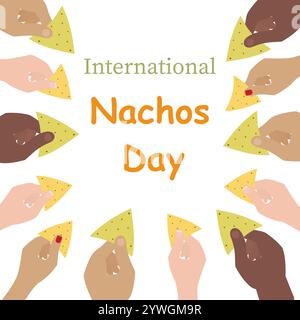 Weibliche und männliche Hände verschiedener Nationalitäten halten Nachos rechteckiger Rahmen mit Inschrift. Isolierte Vektor-Illustration Thematische Karten, Poster oder Web-Promo, Banner, Druckmaterialien oder Tag Stock Vektor