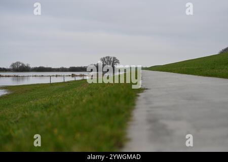 Der Fluss Ems tritt über Ufer. Anhaltender und intensiver Regen hat große Flächen von Feldern und Wiesen bei Rhede Niedersachsen unter Wasser gesetzt. Da der Pegelstand der Ems hoch ist, kann das Wasser zurzeit nicht ungehindert von den umliegenden Flächen abfließen. Leer Niedersachsen Deutschland *** die Ems platzt über ihre Ufer anhaltender und intensiver Regen hat große Felder und Wiesen bei Rhede Niedersachsen überschwemmt da der Wasserstand der Ems hoch ist, kann das Wasser derzeit nicht ungehindert aus den umliegenden Gebieten leer Niedersachsen Deutschland Urheberrecht: Xdiebildwerftx Stockfoto