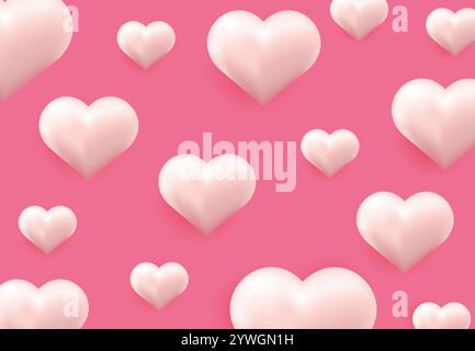 Pinkfarbene volumetrische Herzen auf rosa Hintergrund. Realistische 3D-Vektordarstellung. Valentinstag Stock Vektor