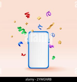3D-Partykonfetti auf dem Mobiltelefon. Stock Vektor