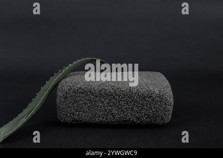 Schwarzer Bimsstein mit Aloe Vera Blatt, auf dunkelgrauem Hintergrund, abstrakter Hintergrund Stockfoto