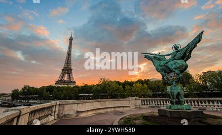 Blick auf den Eiffelturm und die Statue an der seine in Paris, Frankreich Stockfoto