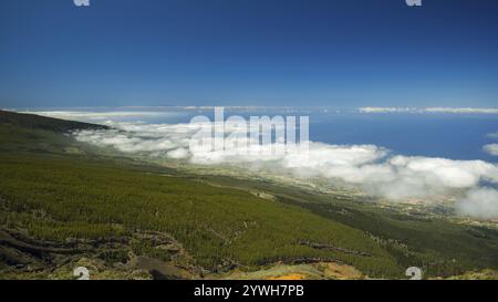 Panorama der Westküste mit Passatwinden vom Aussichtspunkt Mirador El Valle, Parque Nacional de las Canadas del Teide, Nationalpark Teide, Stockfoto