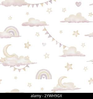 Nahtloses Aquarellmuster mit Wolken, Regenbögen, Sternen und Halbmond in Pastelltönen Rosa und Beige. Illustration des Hintergrunds für Kinderzimmer Wandbilder, Tapeten oder Babytextilien. Stockfoto