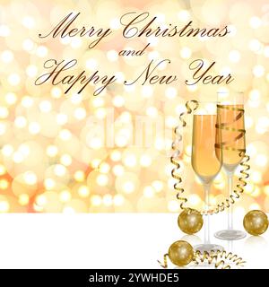 Weihnachten und Neujahr. Quadratische Vorlage mit Bokeh-Hintergrund, Gläser mit Champagner, Serpentine, goldene Kugeln, Glitzer. Vektorabbildung. Stock Vektor