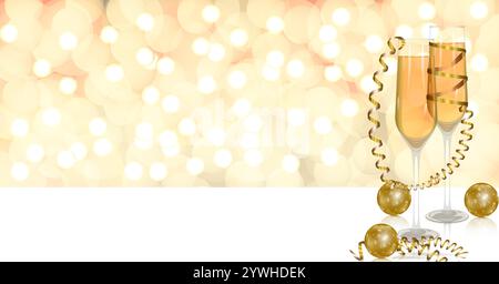 Vorlage für Weihnachten und Neujahr. Heller Bokeh-Hintergrund, Gläser mit Champagner, Serpentine, goldene Kugeln, Glitzer. Vektorabbildung. Stock Vektor