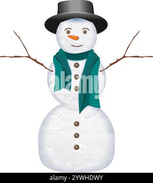 Schneemann mit schwarzem Hut und blauem Schal. Weihnachten, Neujahr, Winter. Vektorabbildung Stock Vektor